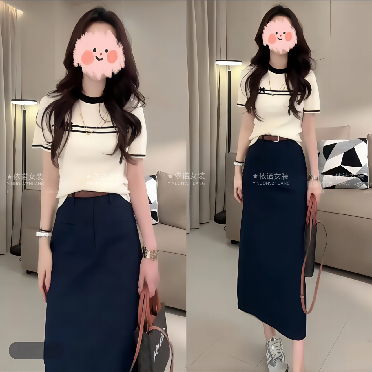 洋气休闲装2025夏季撞色短袖针织上衣T恤百搭半身裙显瘦气质套装