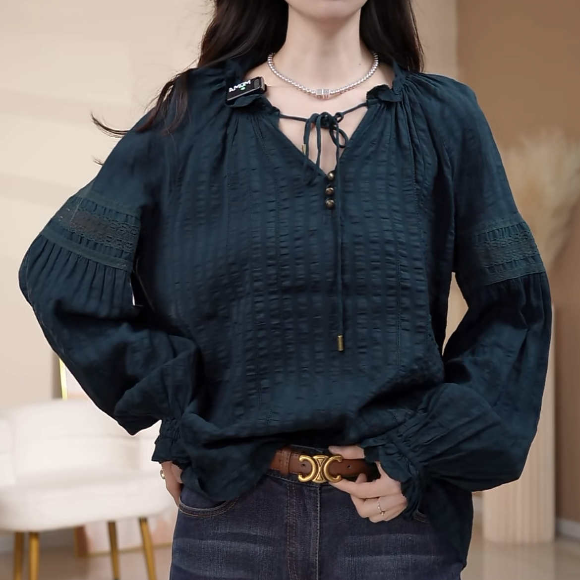 GIRDEAR/哥弟法式优雅显瘦宽松时髦长袖花边领长袖衬衫1300477