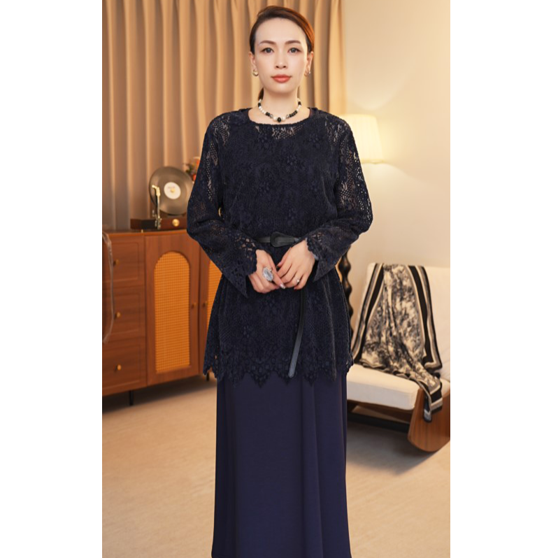 【M珈】“古典雕花”新款蕾丝两件套遮肉显瘦气质法式羊毛连衣裙