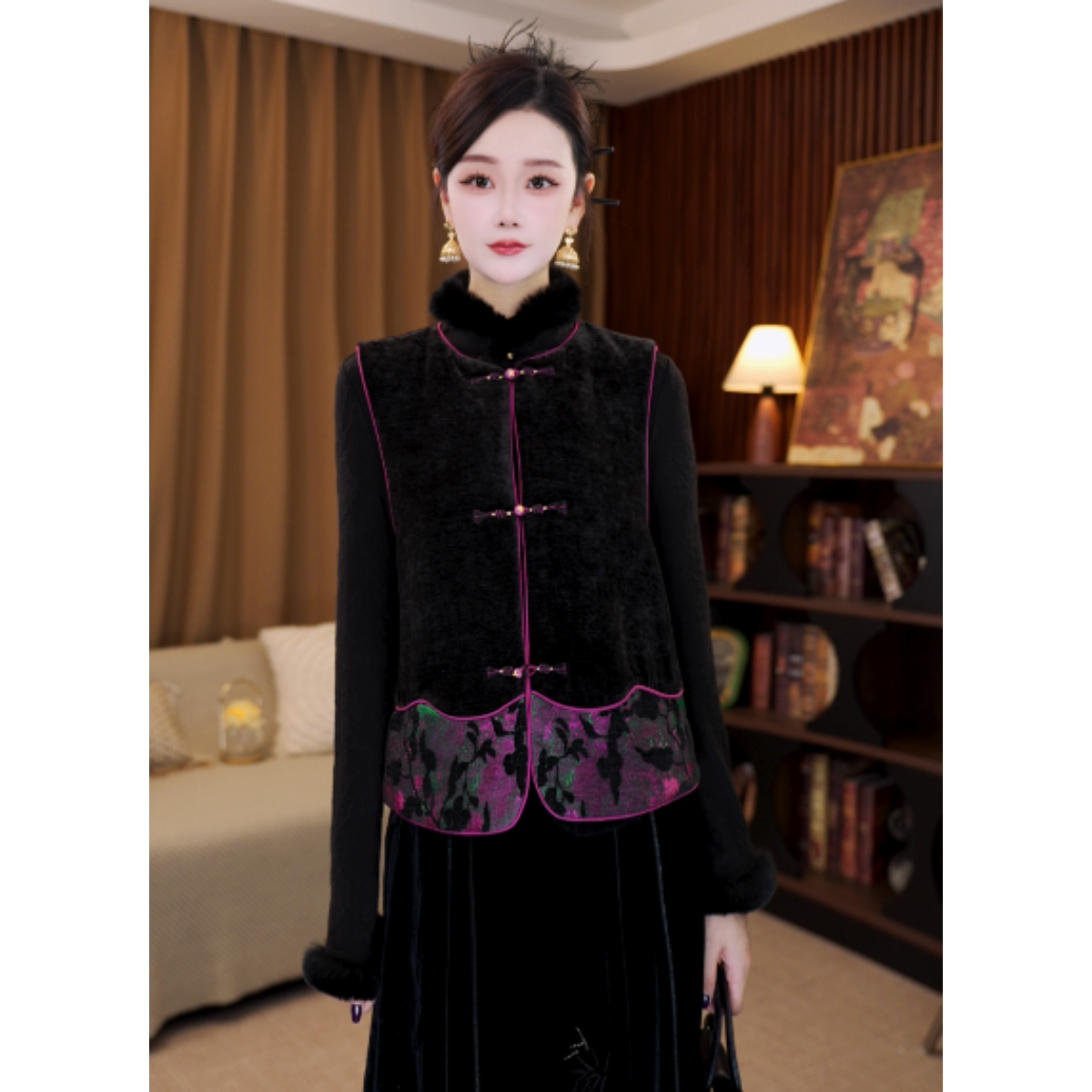 【紫云】新中式国风撞色丝绒对襟棉马甲MCGMF2289