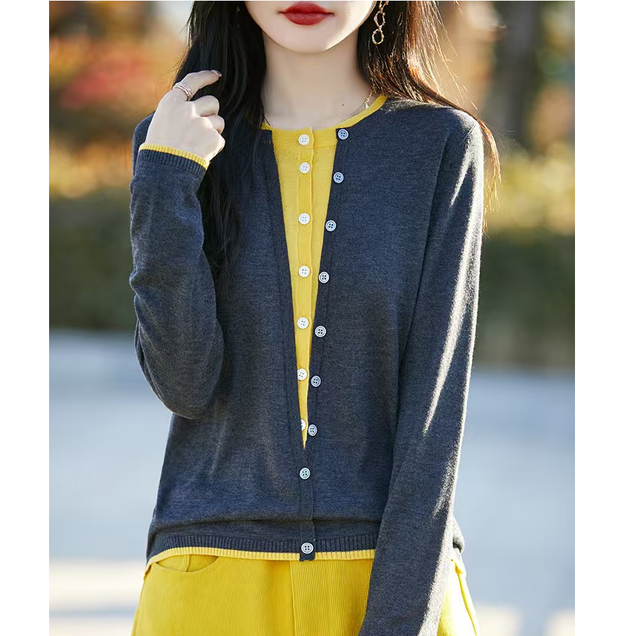 春季新款精纺羊毛圆领假两件开衫女士单排扣外搭休闲货号PY-6131