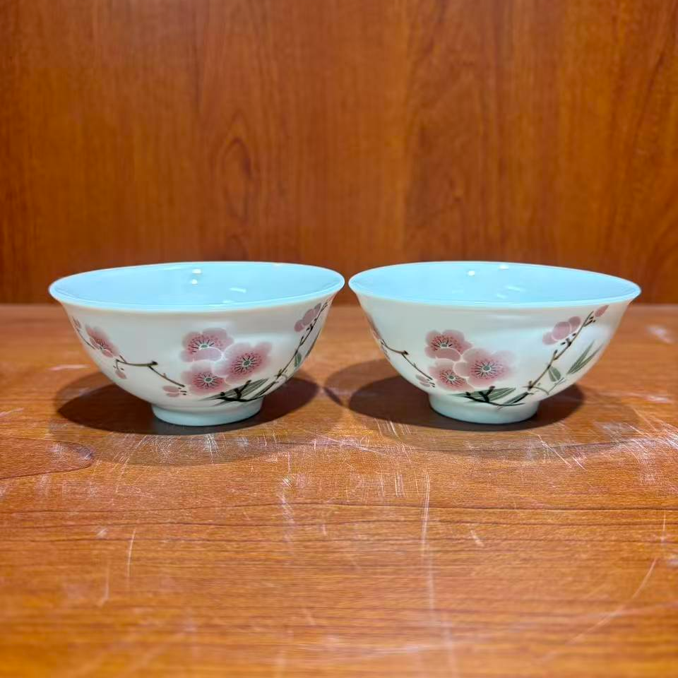 景德镇陶瓷/翠竹红梅茶杯一对