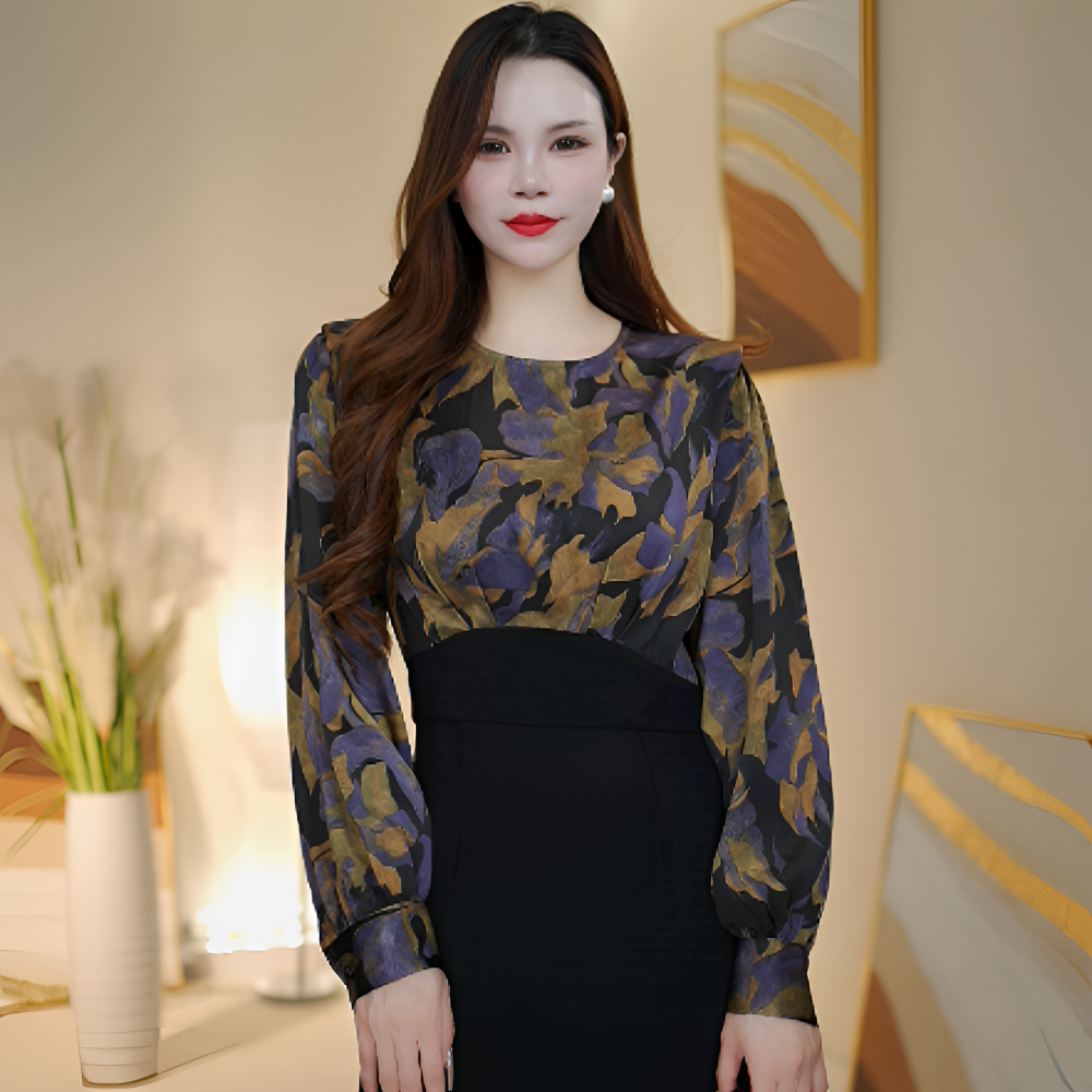 洋气春装气质修身显瘦时尚拼接印花女装假两件长款连衣裙25L311