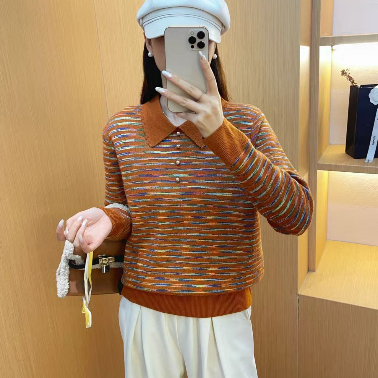 中老年女装翻领宽松型花纱条纹百搭显瘦针织衫长袖962