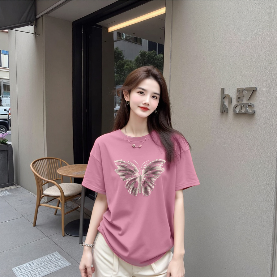 【美式蝴蝶】宽松纯棉短袖T恤休闲显瘦印花圆领时尚休闲百搭上衣