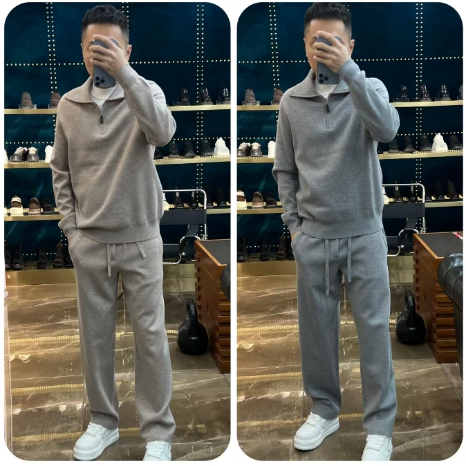 67秋冬羊毛混纺老钱风双色半拉链翻领休闲套装
