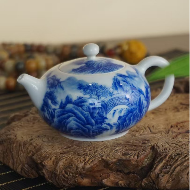 溪山堂西施山水壶景德镇纯手绘青花山水茶壶中式古柴窑满容100cc