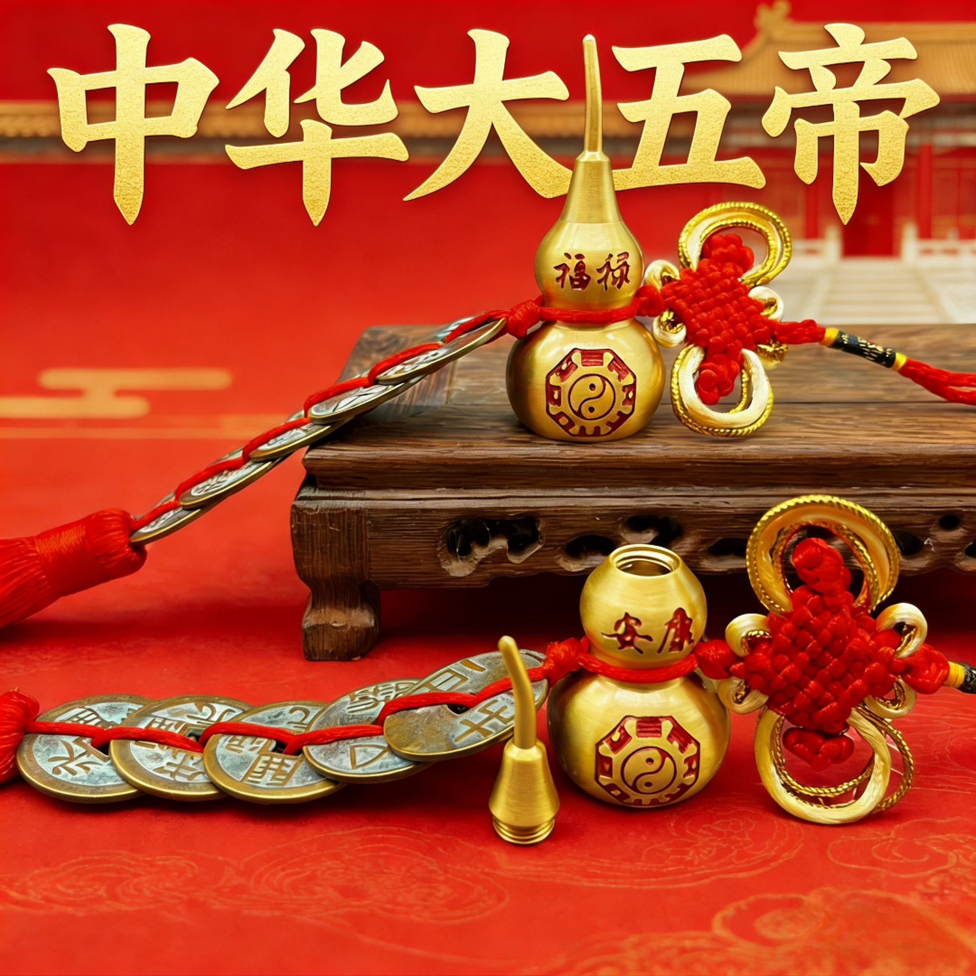 【老师推荐】仿古正统中华大五帝钱秦汉唐宋明门对门压门槛纯铜葫芦