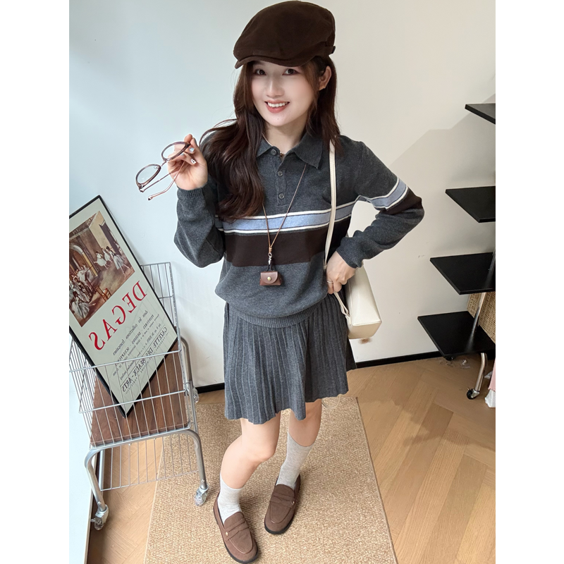运费补贴小个子秋季韩系慵懒拼色条纹polo领针织上衣+针织百褶裙