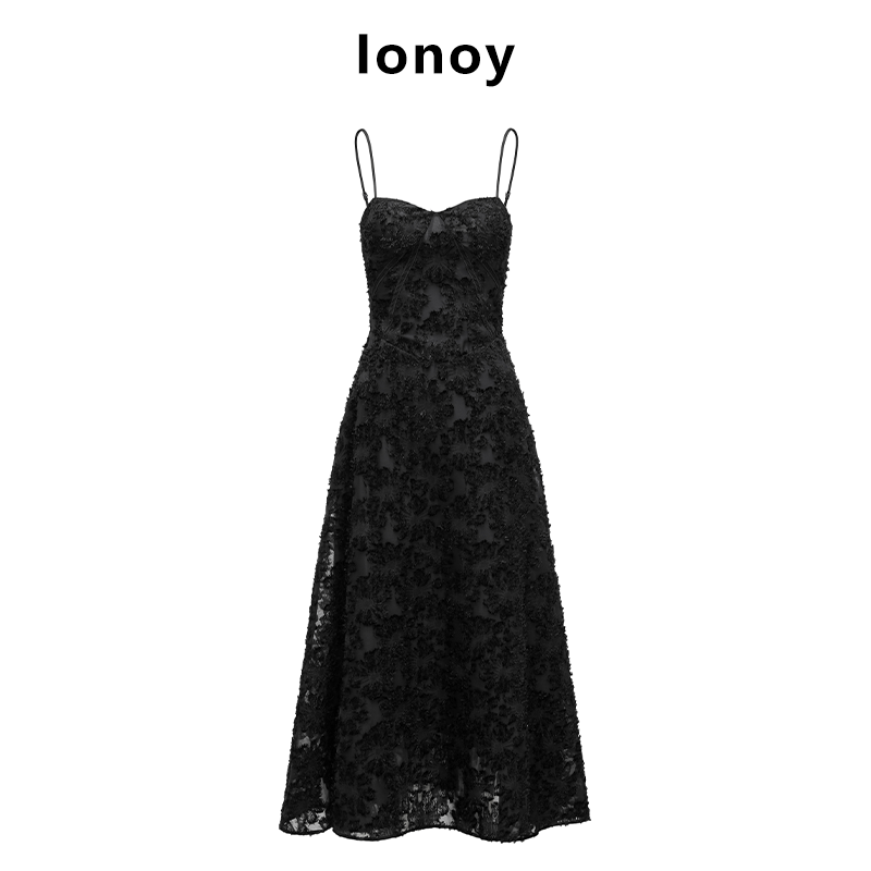 G001法式优雅蕾丝镂空连衣裙轻奢时尚小黑裙显瘦性感气质设计师