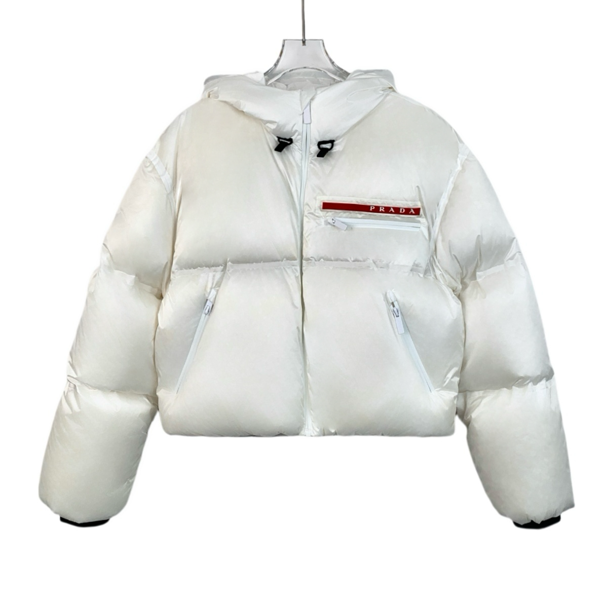 全新未使用 Prada/普拉达 H13543 22款白色红标连帽羽绒服S码带吊