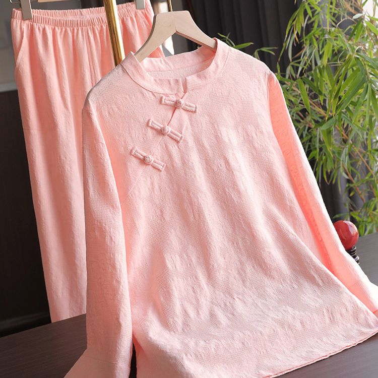 新中式纯棉斜襟睡衣女套装粉色春夏季长袖长裤宽松薄款外穿家居服