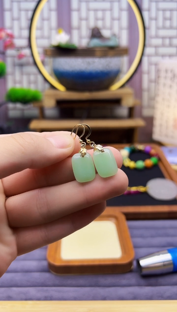 和田玉14K金镶嵌耳饰E227