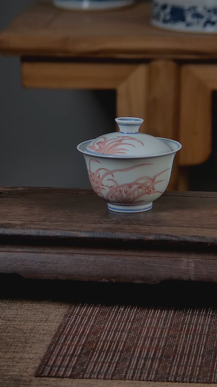 折葵非器手工手绘石兰图两才盖碗