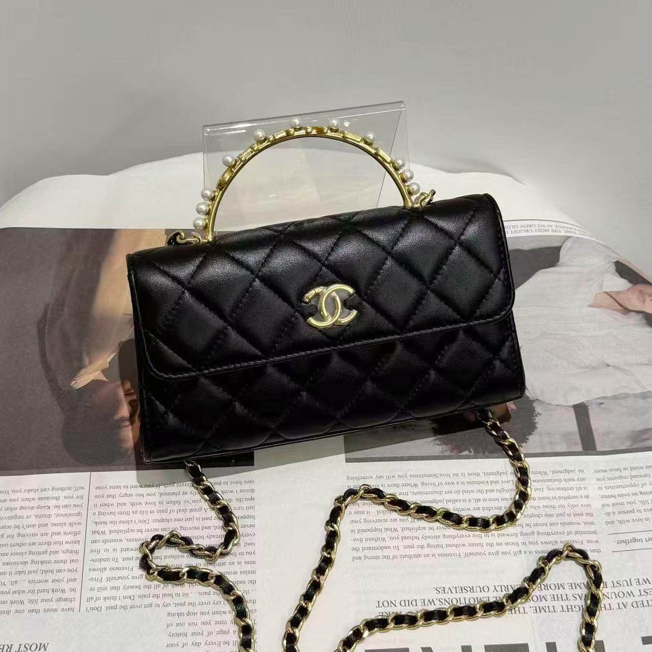 未使用 Chanel/香奈儿 23b 珍珠水钻Kelly大号黑色 大全套 送检