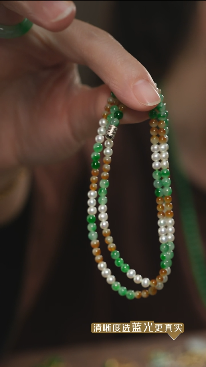 【闪购商品】翡翠项链合金黄加绿翡翠小米珠珍珠项链