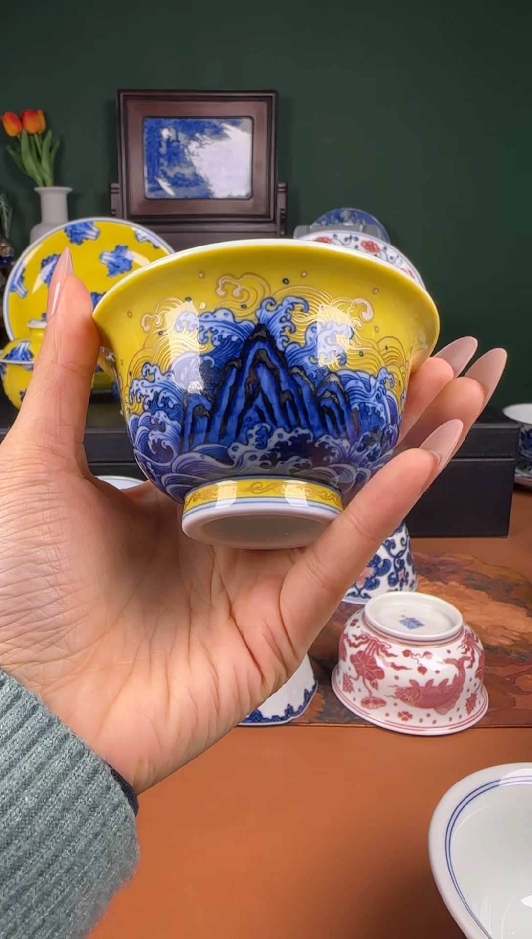 【闪购商品】杯水造 青花黄釉 江崖海水 压手杯 