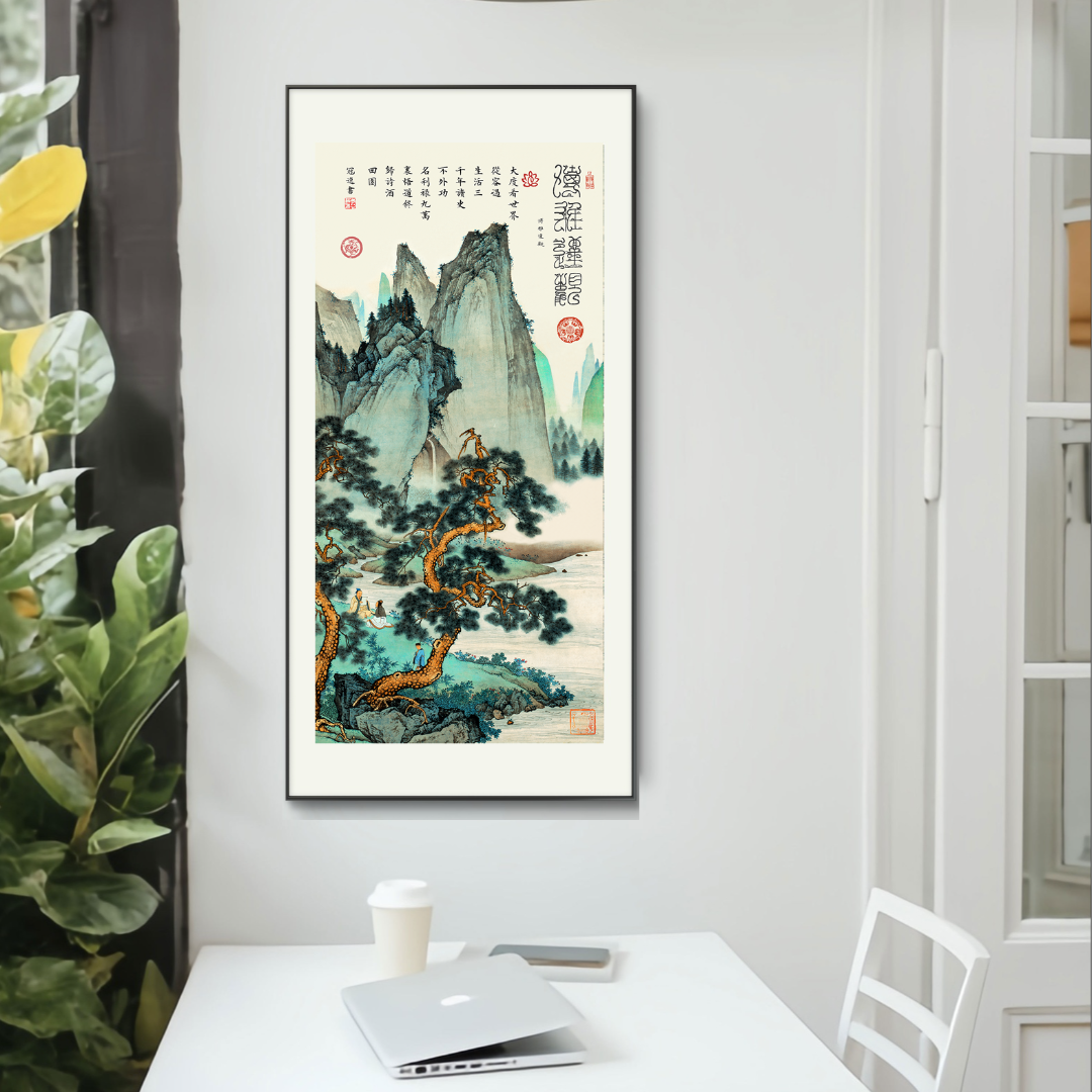 何冠逸-仿古 山水《博雅达观》-68x138托底85x180【拓底装裱无框】