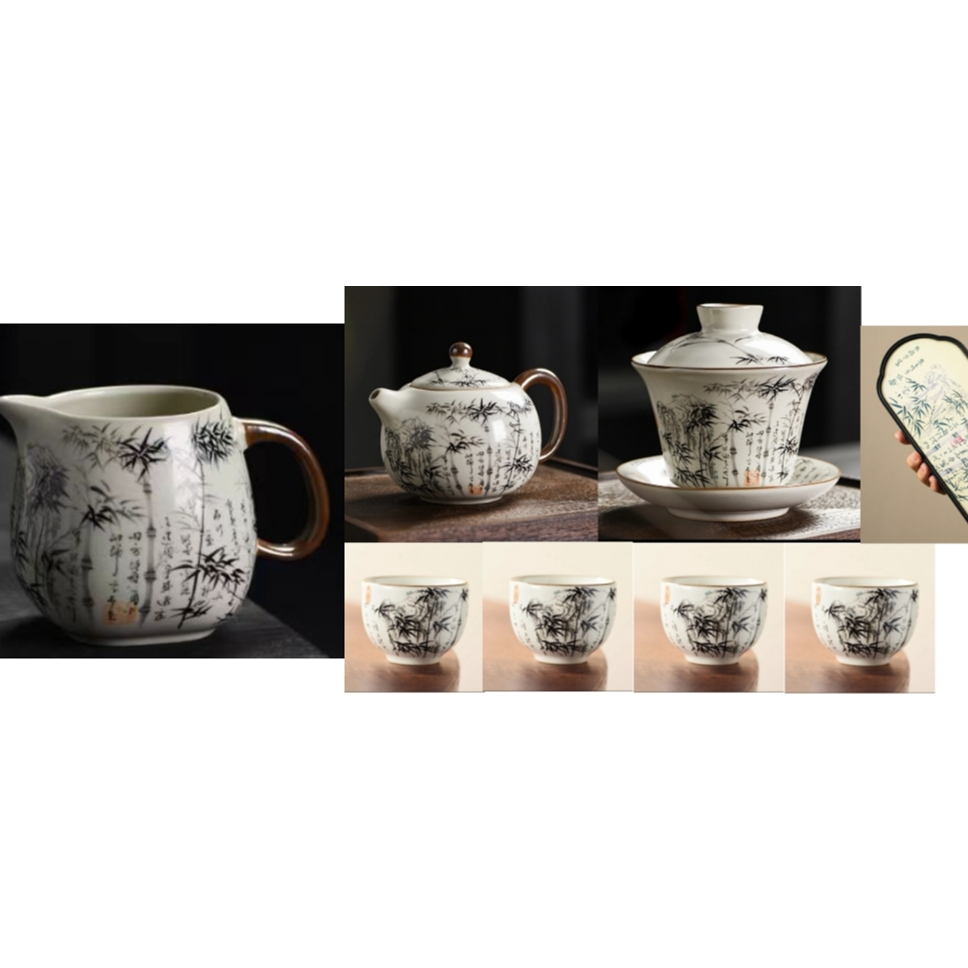 ZH2156-汝窑墨竹盖碗+墨竹茶壶+吸水茶盘+墨竹公道杯+4个墨竹客杯