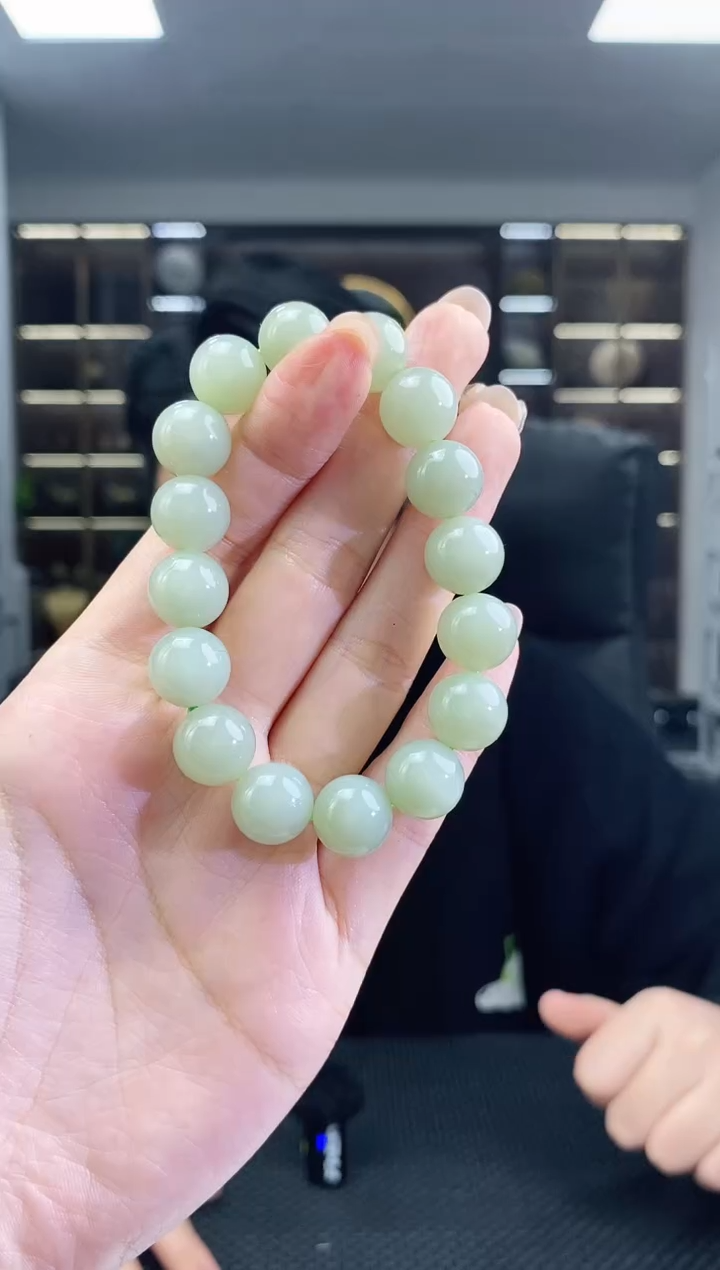 颈饰未镶嵌和田玉清白圆珠卡12手串