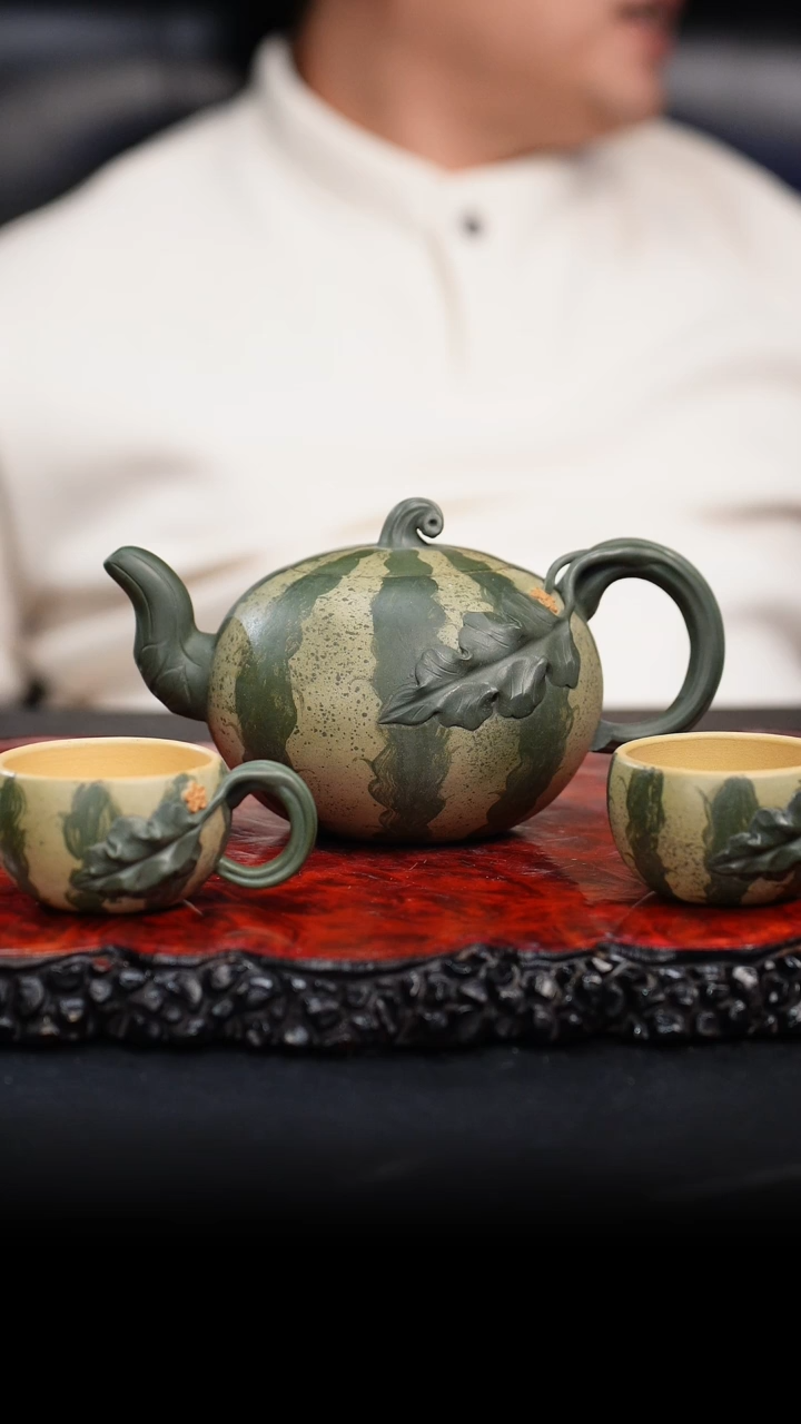 【闪购商品】紫砂茶壶42 西瓜套组,JYM,绿泥
