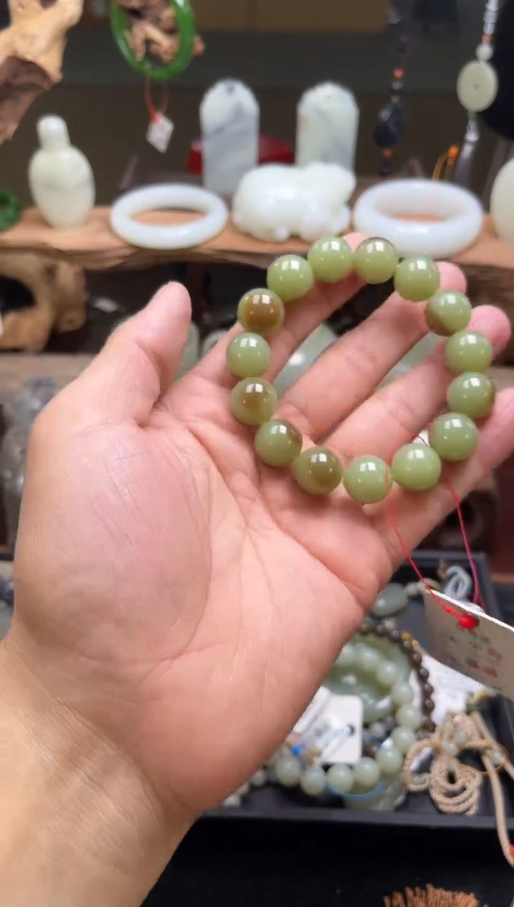【闪购商品】和田玉手串未镶嵌若羌青黄口带糖卡14圆珠