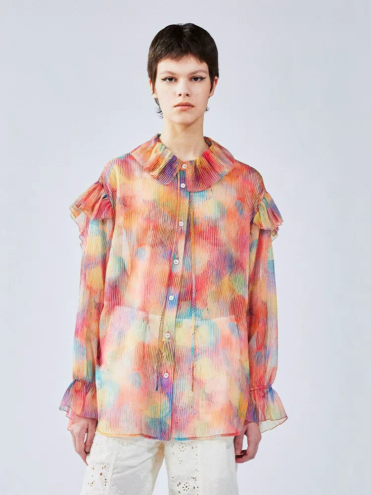 亲妈正尾～丫2025夏季新款梦幻光影荷叶领衬衫