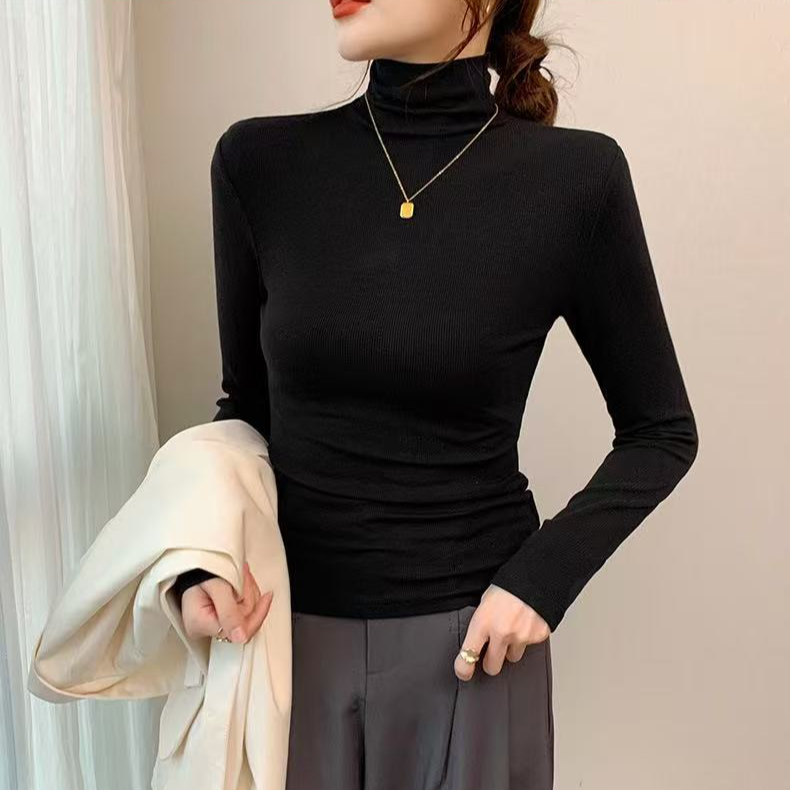 【专柜品质】高领螺纹长袖打底女秋冬新款内搭高级小众修身上衣加绒