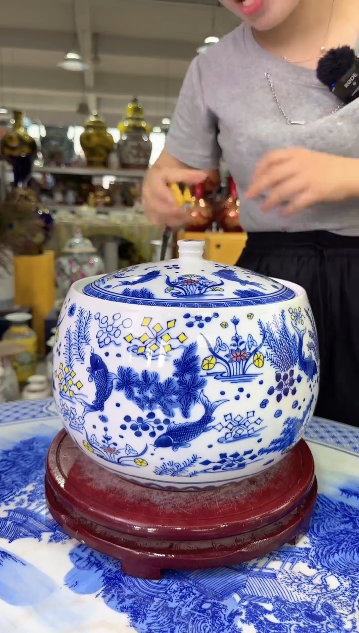 瓷片青花鱼藻纹储物罐