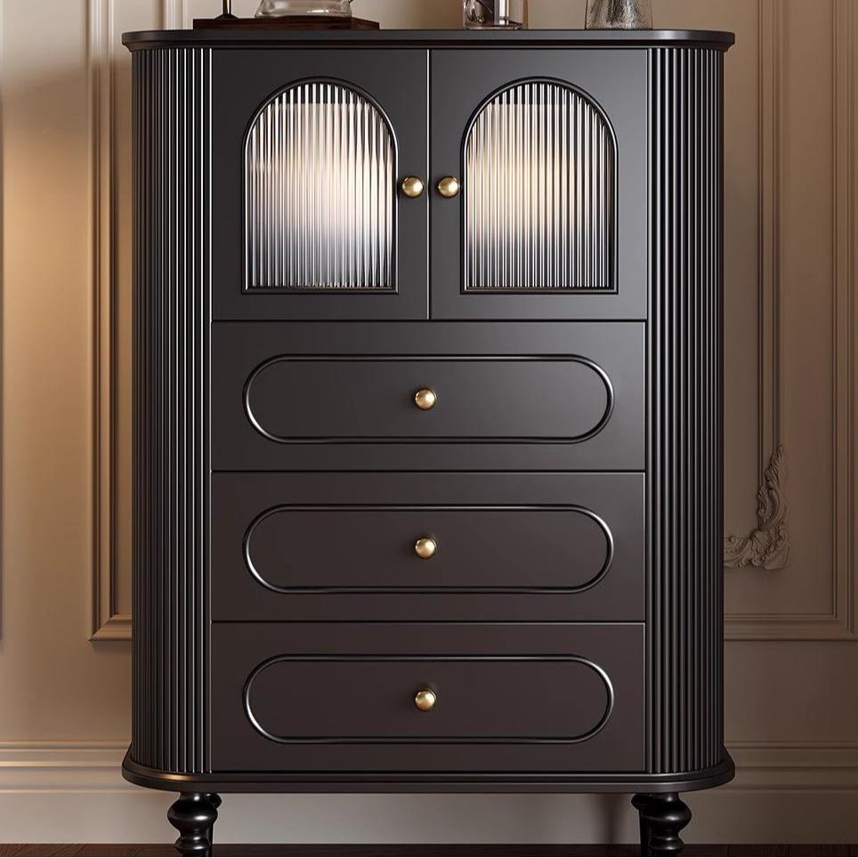法式复古餐边柜实木客厅卧室收纳储物柜封闭黑色线条纹边柜沙发柜