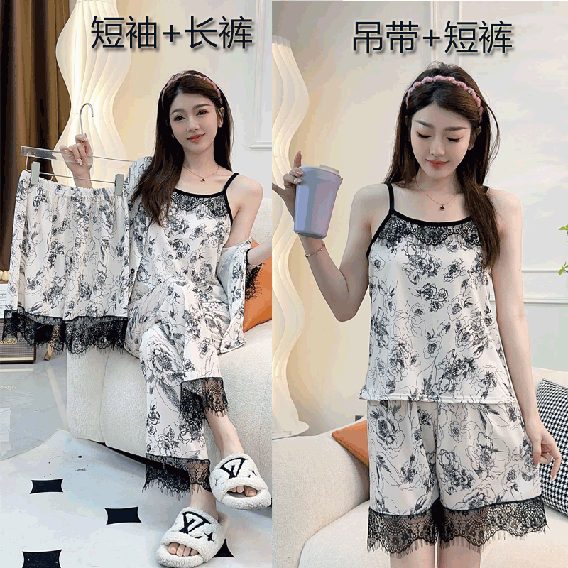 【宠粉专属】国潮风蔷薇花蕾丝四件套家居服套装女夏季冰丝睡衣套装