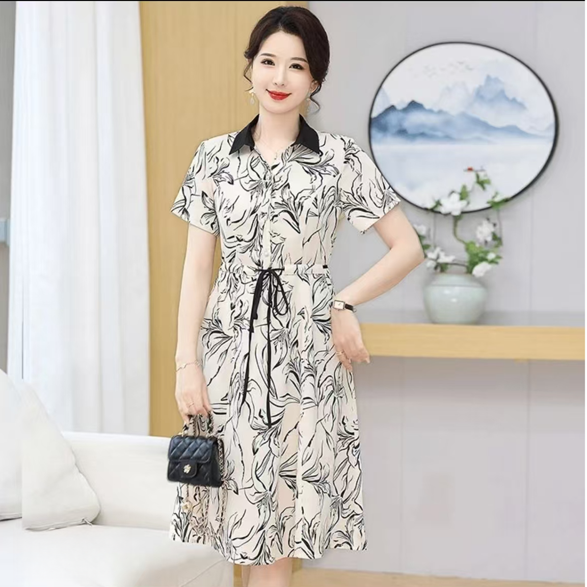 9755-夏季新款短袖中长款气质收腰显瘦妈妈装连衣裙（B7-1-4）