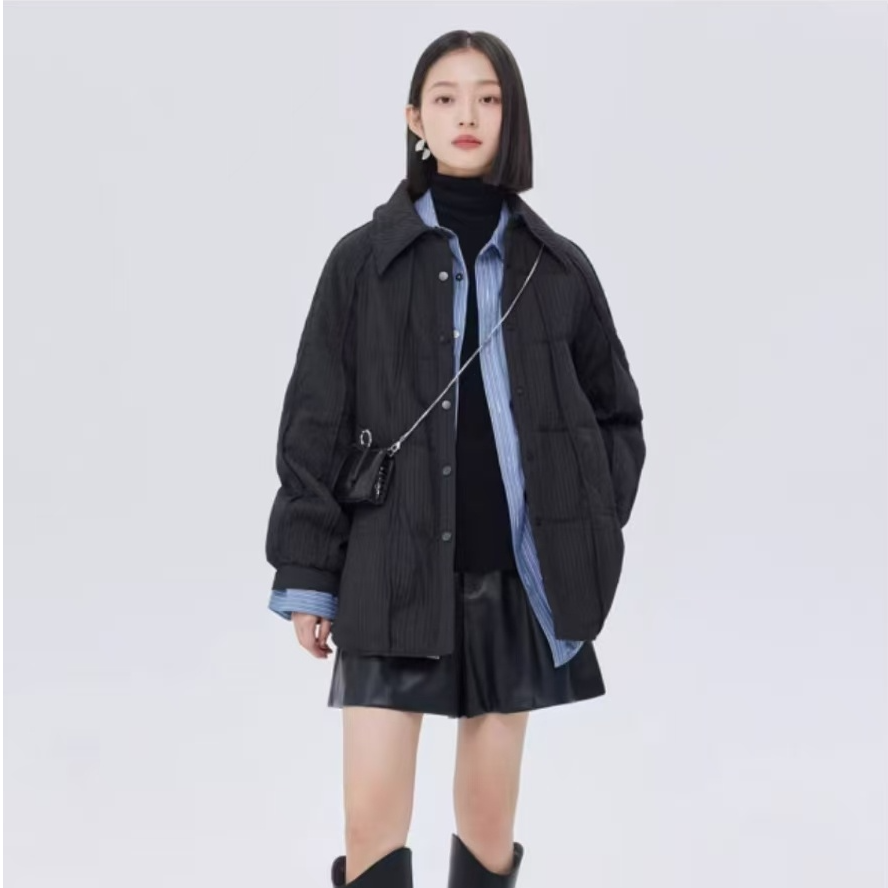 双面穿鹅绒服不规则翻领高级肌理坑条暗扣衬衫式保暖