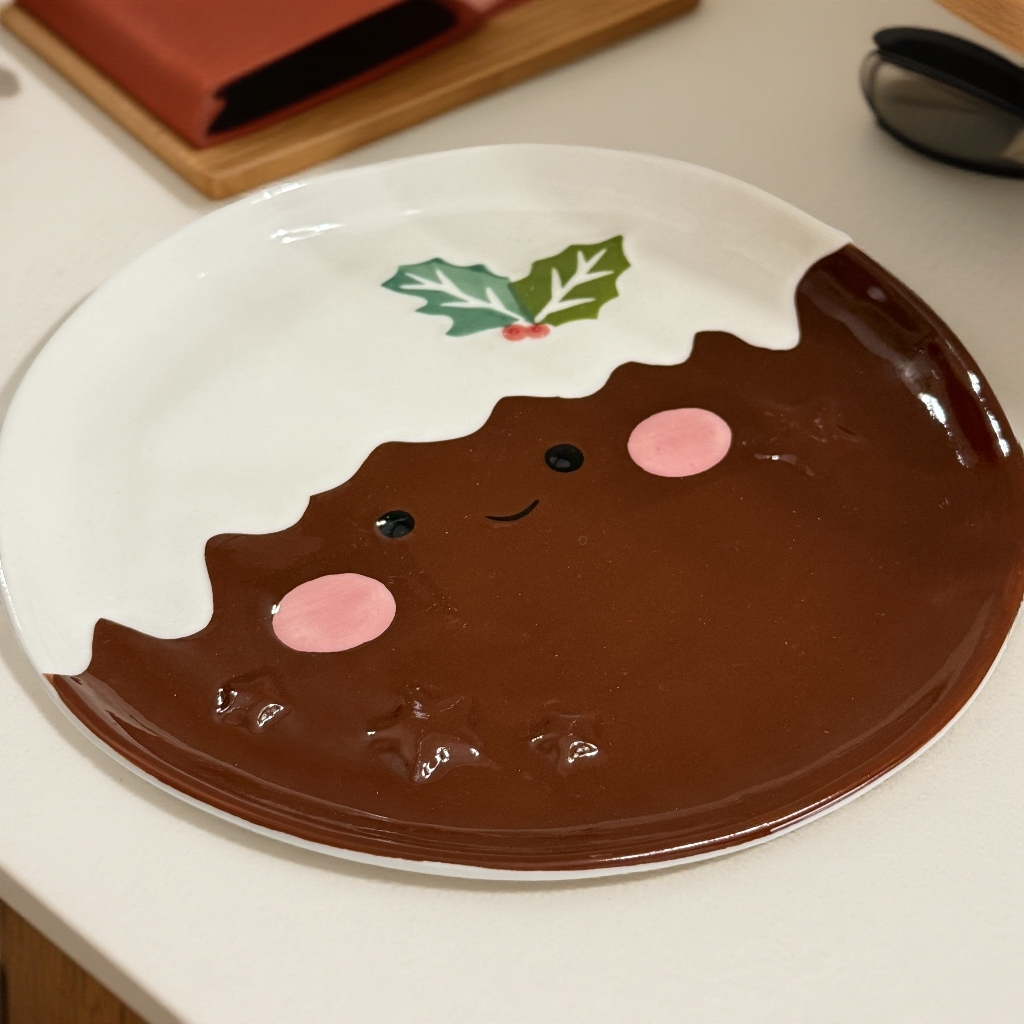 【CRO家】23*2CM 圣诞巧克力熔岩餐盘 家用圆盘 陶瓷盘子 甜品盘