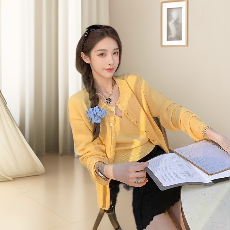 1218【衣长55】无袖吊带内搭长袖针织开衫外套女春秋漂亮韩系小套装