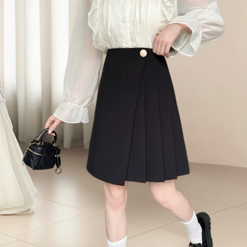 中长版不规则毛呢高腰A字百褶半身裙女显瘦遮肚遮胯适合梨形身材