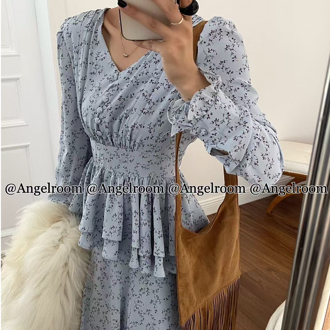 泰系女主气质V领收腰荷叶裙修身摆拼接碎花连衣裙长裙裙子6980