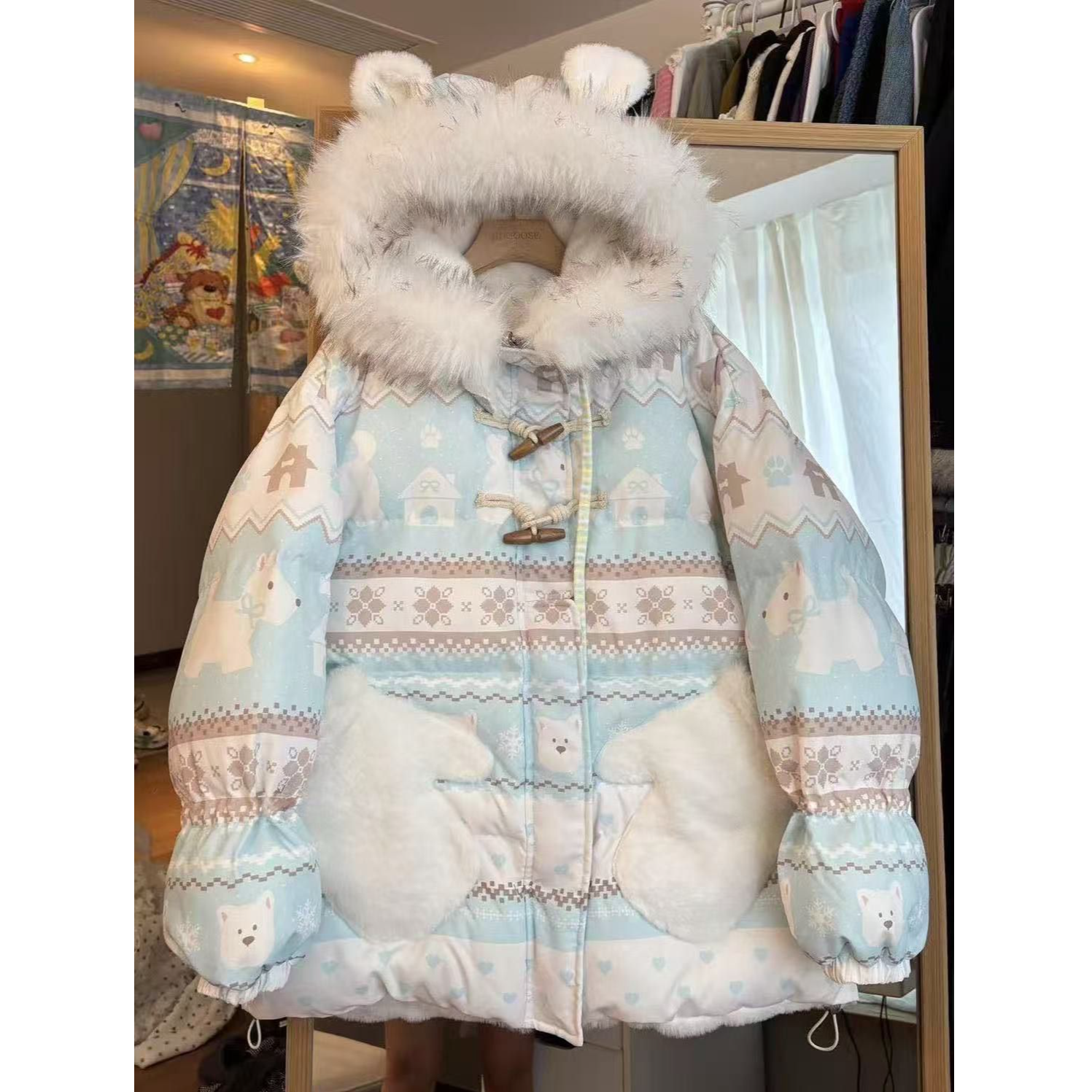 冬季新款日系可爱小众设计感复古费尔岛加厚棉服外套女大毛领棉袄