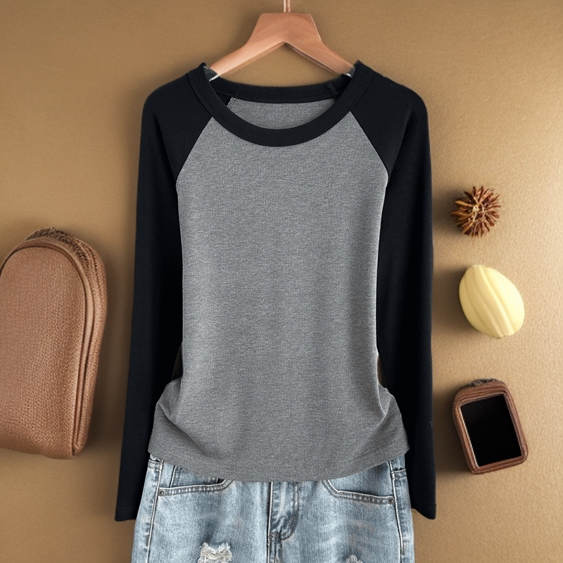 2025新款微胖显瘦拼色长袖T恤女插肩袖圆领百搭上衣内搭打底衫