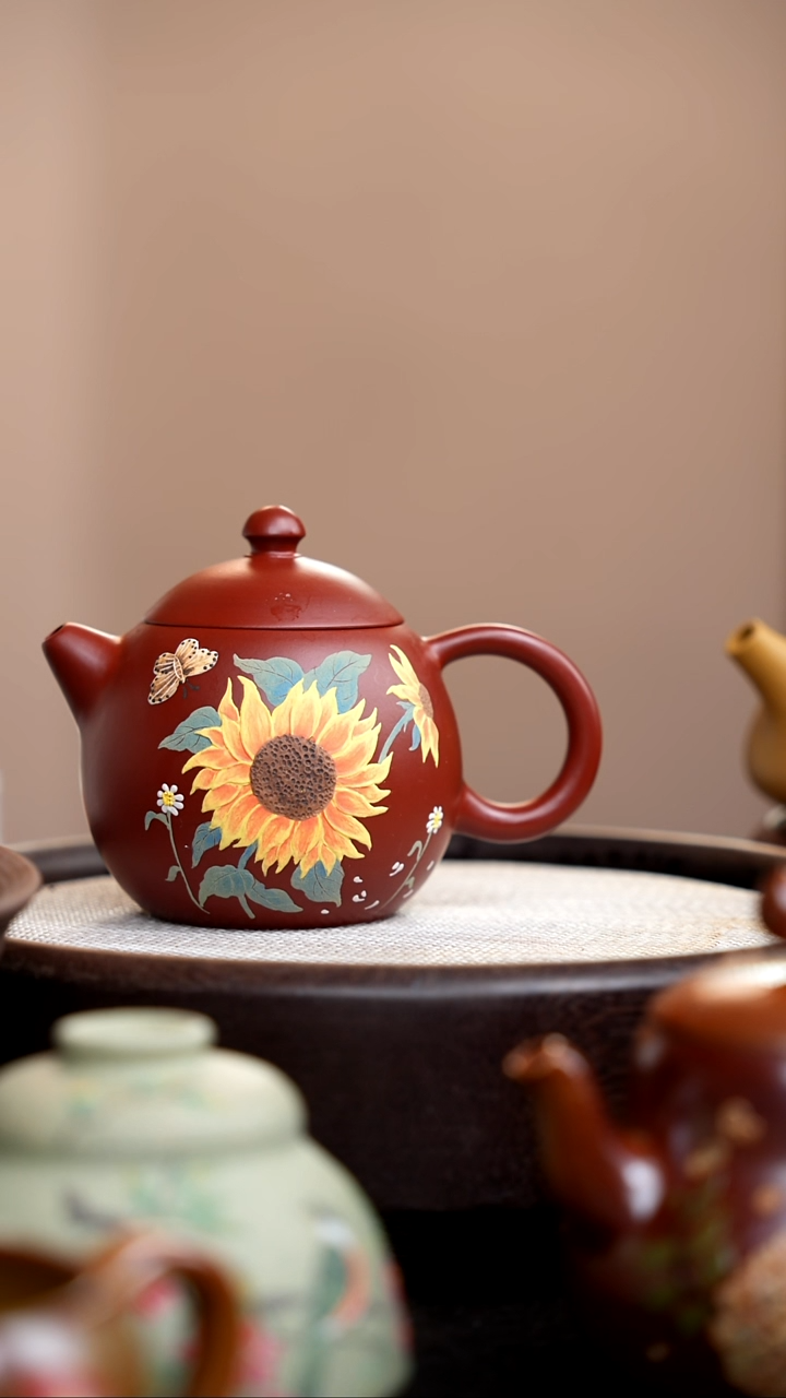 茶壶紫砂朱泥龙蛋泥绘向日葵005a