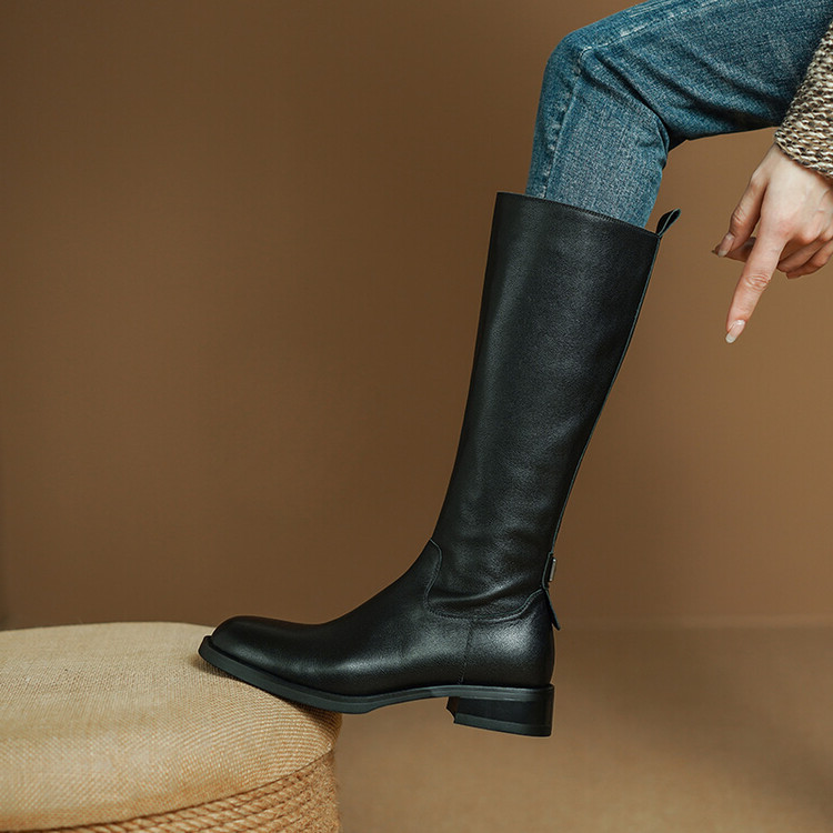 【跟高3.5公分】【尺码34-40】新款圆头秋冬真皮长筒粗跟百搭长筒靴
