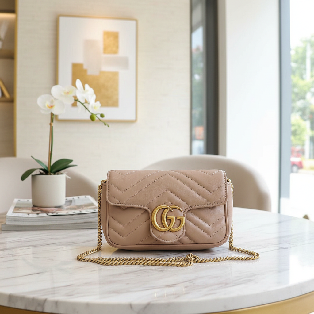 95新 GUCCI/古驰 藕粉色马蒙mini 链条包 1812 8375