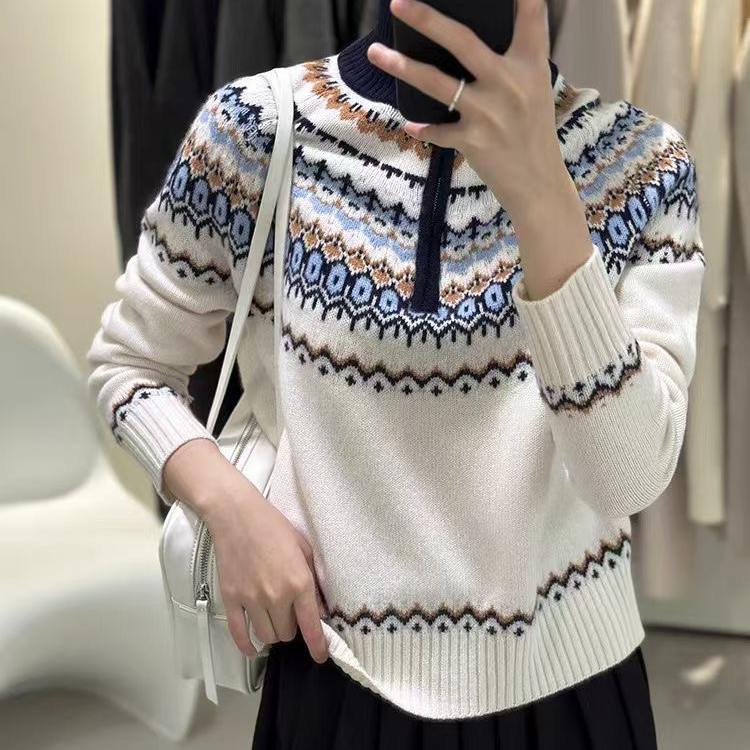 SOSO/梧颜 高品质费尔岛羊毛衫半拉链显瘦女士毛衣打底衫高领 005