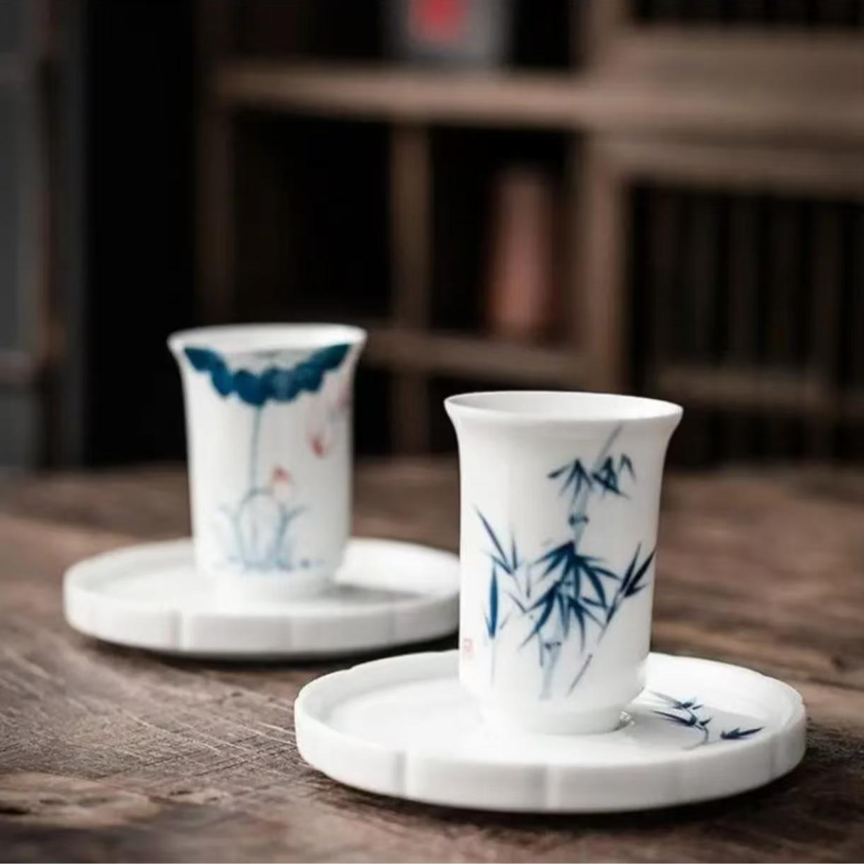 青花茶杯单杯聚香杯纯手绘闻香杯白瓷主人杯陶瓷功夫茶具茶盏杯垫