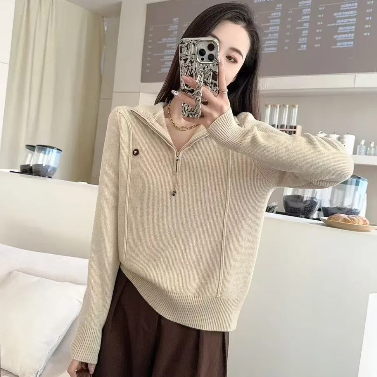 新款一体绒加厚加绒秋冬半开领针织衫毛衣上衣女打底衫洋气百搭