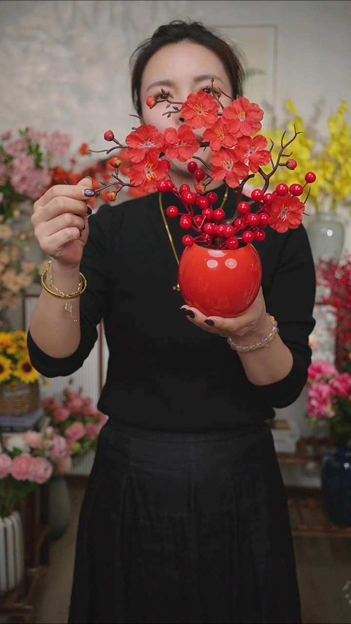 3D立体梅花带陶瓷花瓶带红果，成品发货