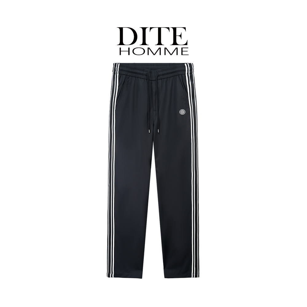 Dite迪特男春夏薄侧边条纹刺绣拼接logo胶印直筒宽松黑绿色休闲裤