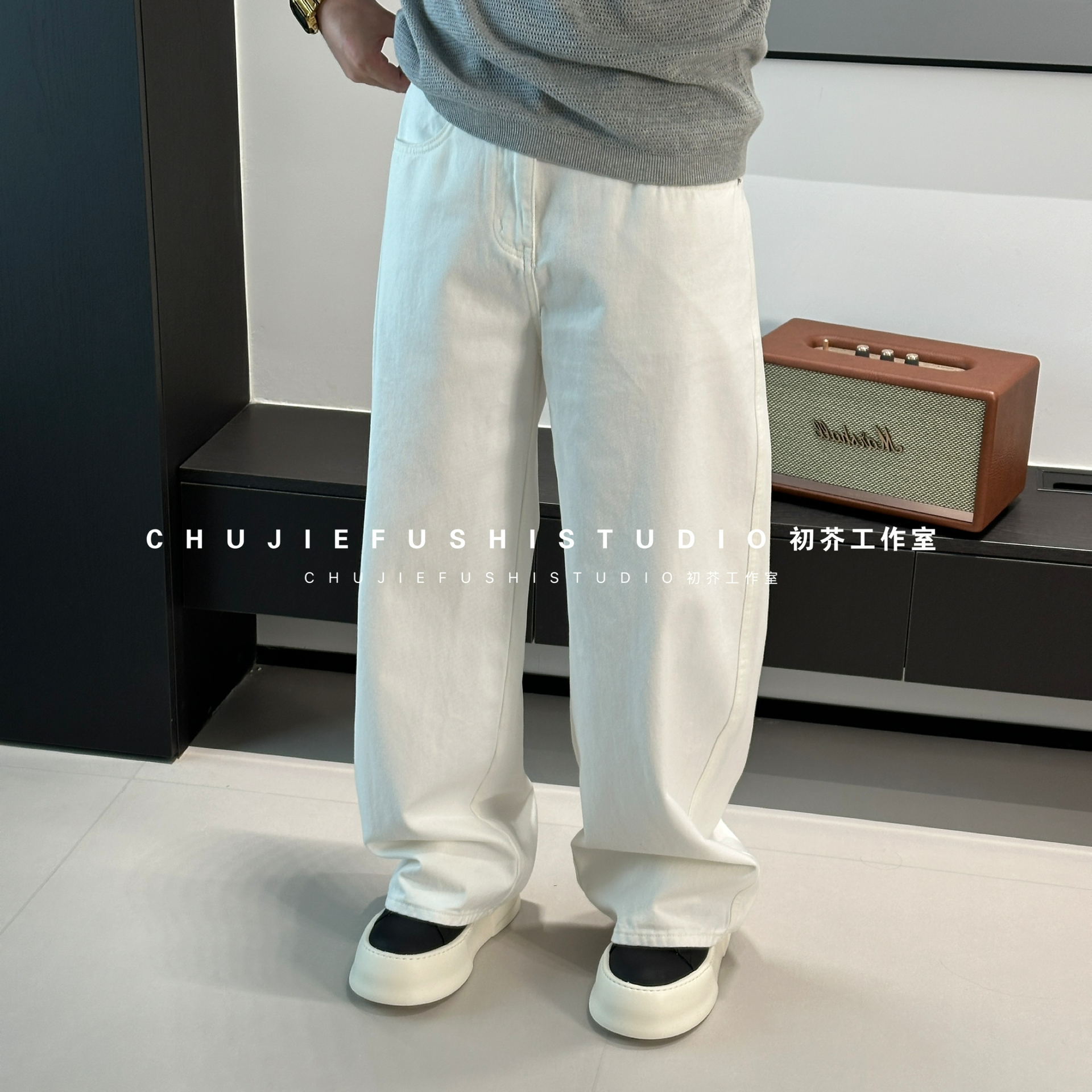 CHUJIE韩版时尚宽松阔腿纯色白色直筒牛仔裤