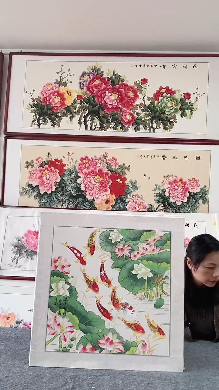国画纯手绘国画65*65带框装饰挂画