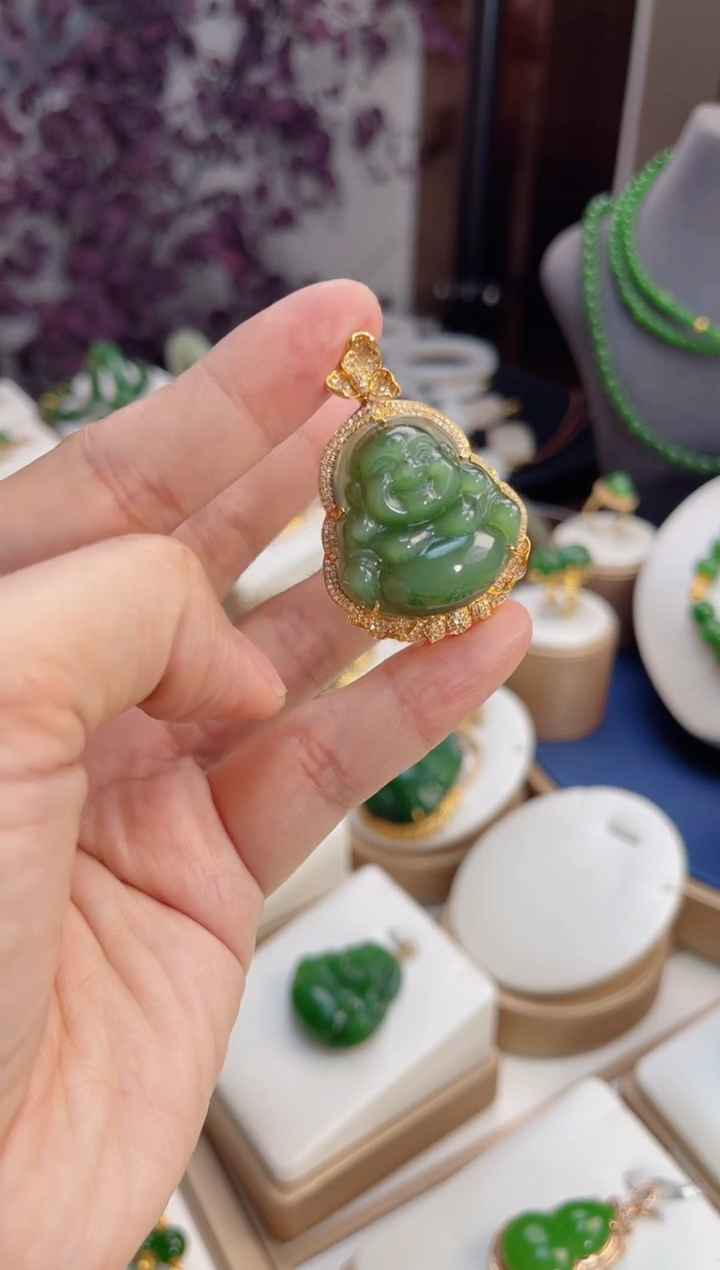 【闪购商品】和田玉吊坠18K金镶嵌珍藏 满钻设计款冰猫眼佛公